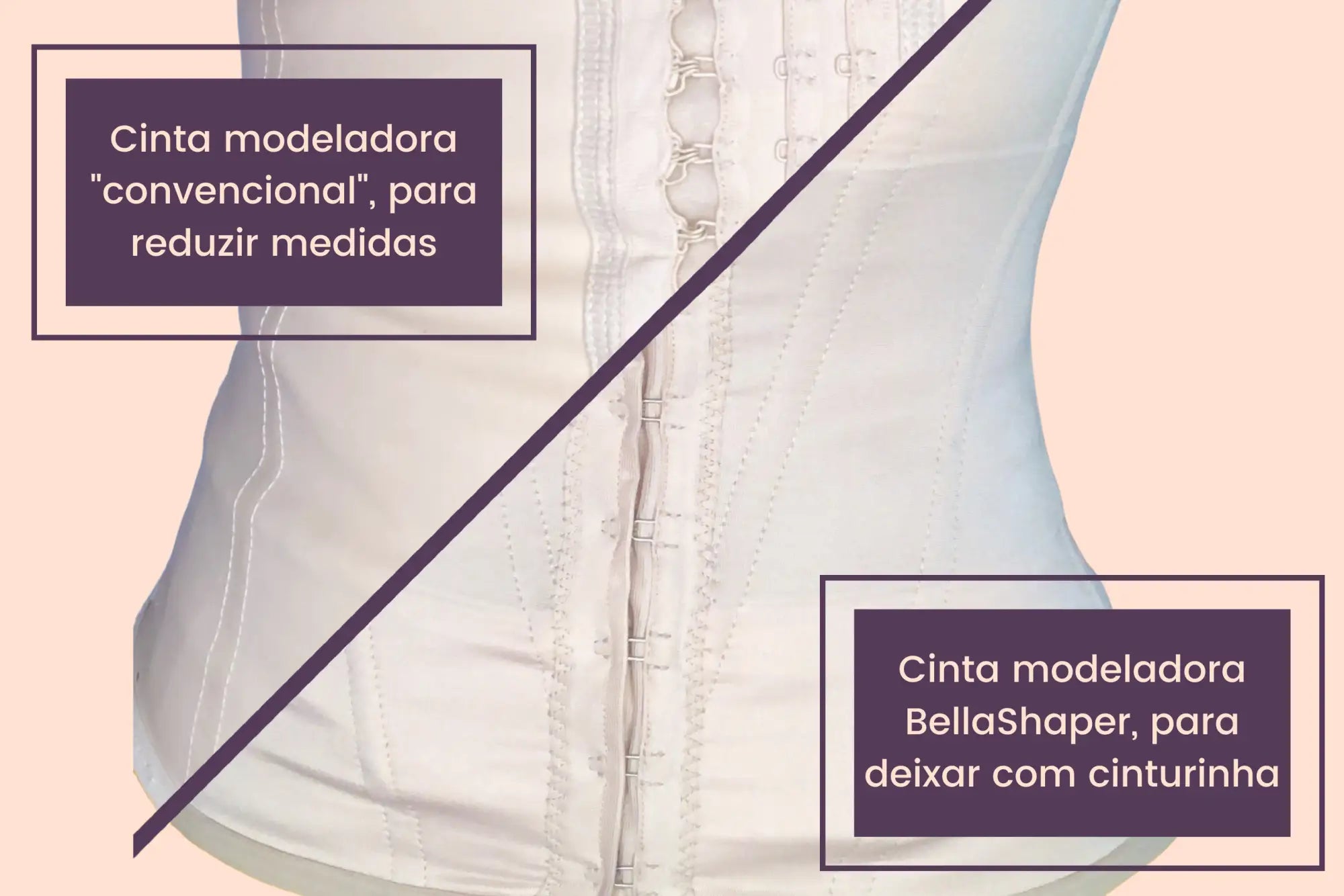 Comparação de uma cinta modeladora BellaShaper, que realça curvas, com uma cinta convencional que apenas reduz medidas. 