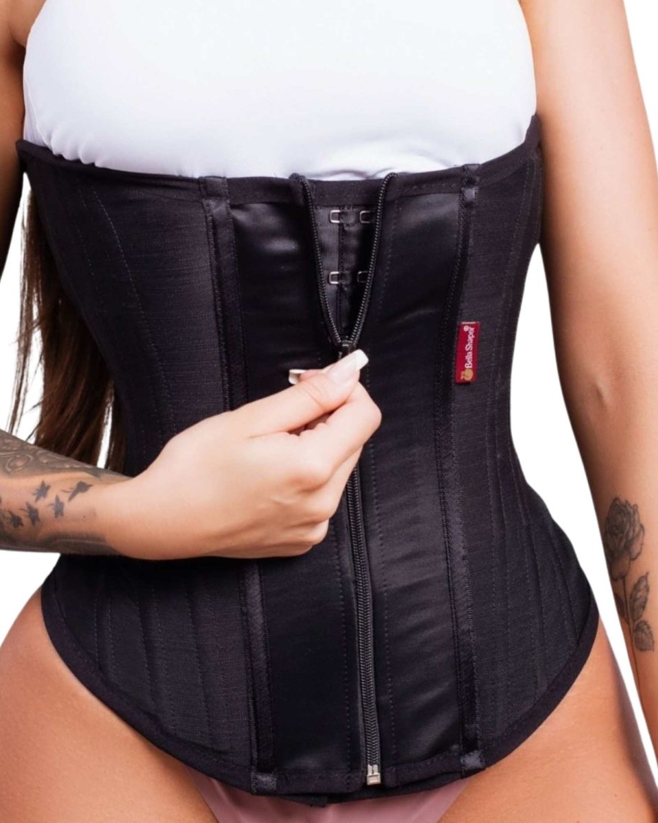 Cinta Modeladora Abdominal Corset com Zíper Alta Compressão com barbatanas de aço BellaShaper cor preta