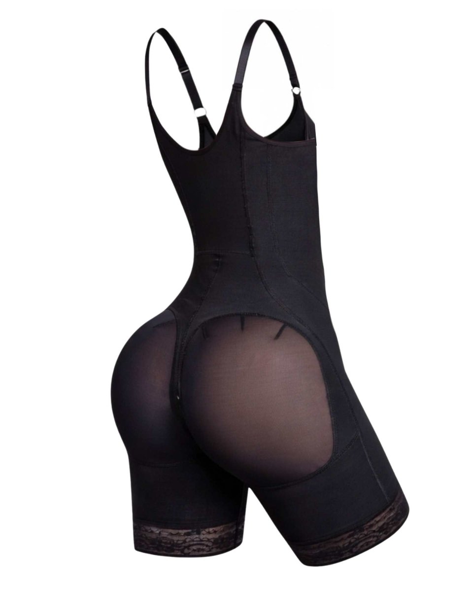 Cinta Modeladora Feminina de Alta Compressão Macaquinho Levanta Bumbum Alça Fixa BellaShaper cor preta 3D costas