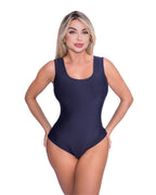 Body Modelador Poliamida Dupla Face 2 em 1. Cor Azul e Preto BellaShaper com fecho de pressão