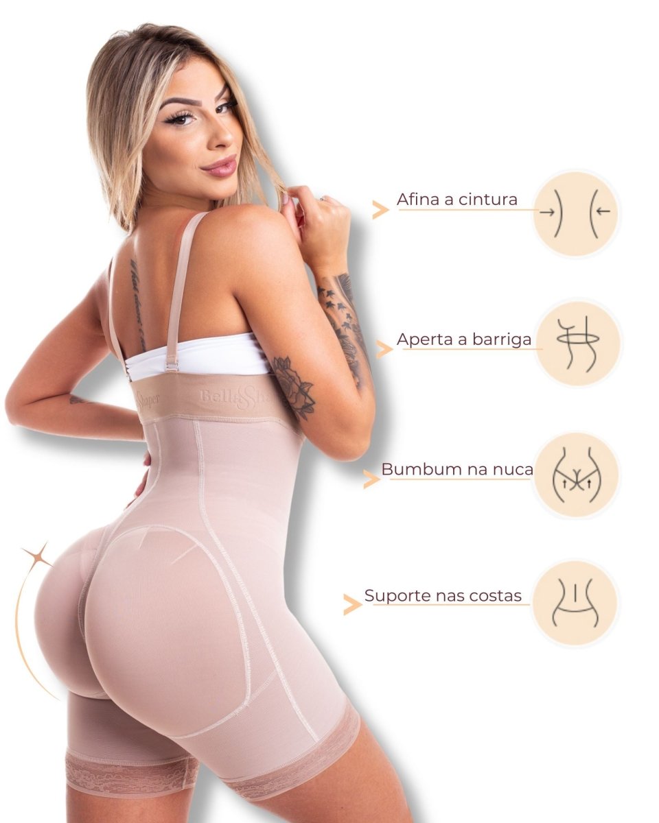Cinta Modeladora Feminina Alta Compressão Macaquinho Levanta BumBum Alça Removível Body Anticelulite BellaShaper cor bege