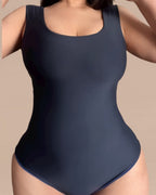 Body Modelador Poliamida Dupla Face 2 em 1. Cor Azul e Preto BellaShaper com fecho de pressão