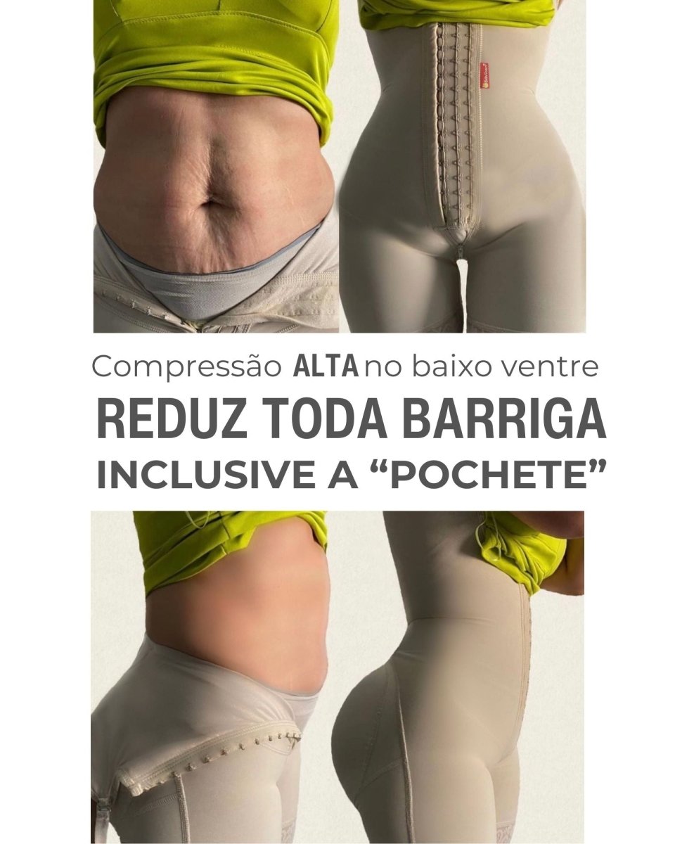 Cinta Modeladora Feminina de Alta Compressão Macaquinho Levanta Bumbum Alça Fixa BellaShaper Antes e Depois barriga pochete