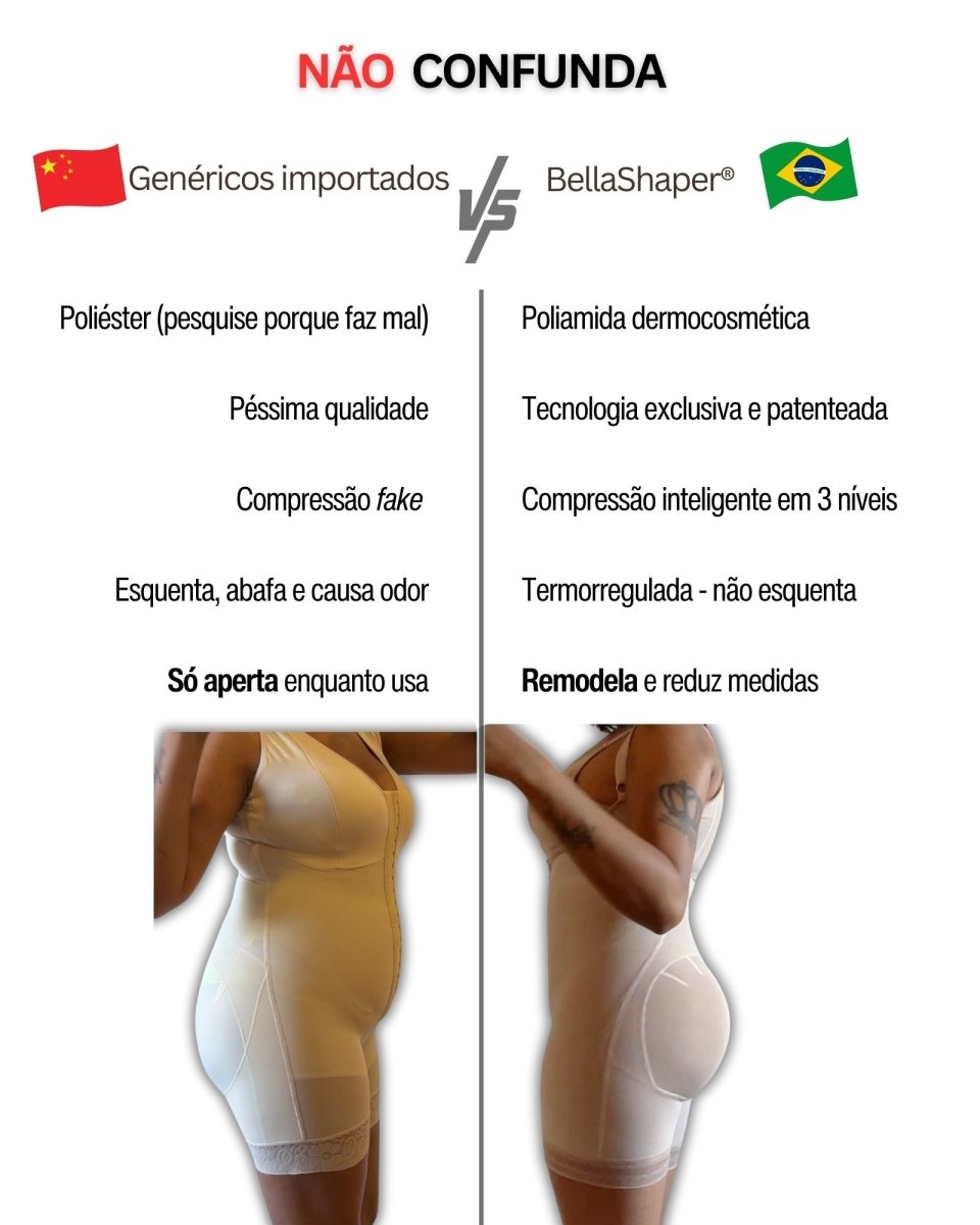 Cinta Modeladora Feminina de Alta Compressão Macaquinho Levanta Bumbum Alça Fixa BellaShaper Antes e Depois barriga pochete